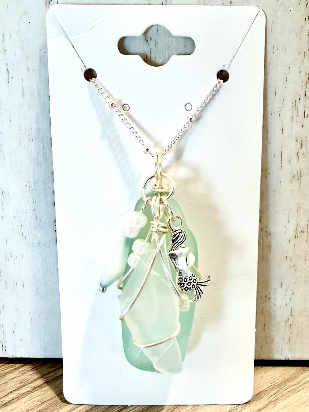 97. Seafoam Green Seaglass Pendant Necklace with Silver mermaid Charm